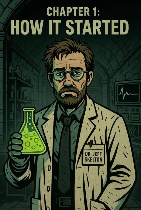 Illustration of Jeff Skelton holding the glowing Formula-88 serum